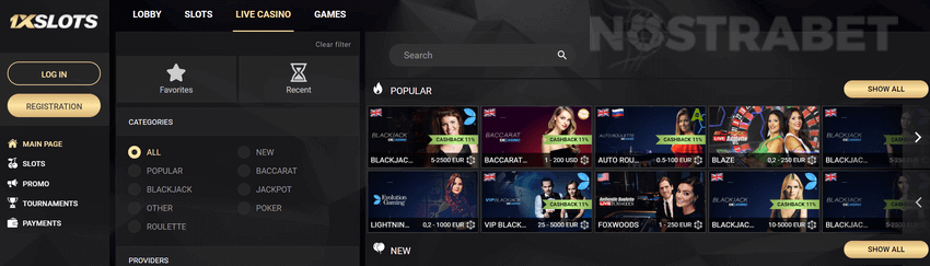 1xslots live casino games
